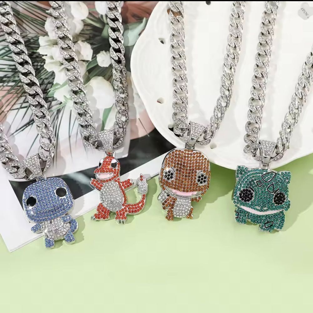 Pokemon Pave Diamond Hip Hop Bling Drip Cuban Necklace Anime - Picture 2 of 2